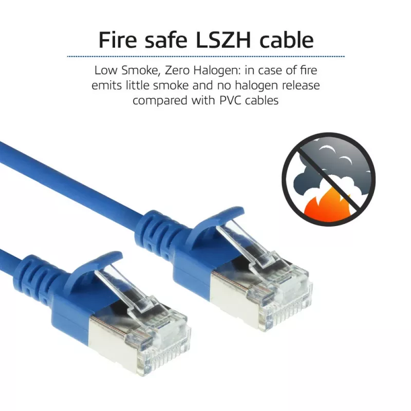 ACT zils 10 metru LSZH U/FTP CAT6A datu centra plānais komutācijas kabelis ar aizķeršanās novēršanas RJ45 savienotājiem
