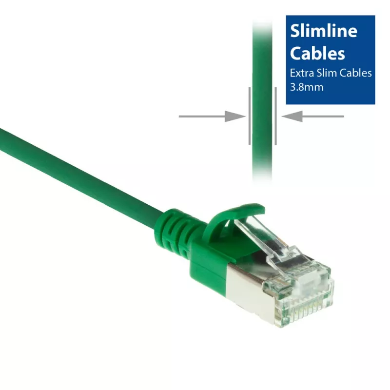 ACT zaļa 10 metru kabelis LSZH U/FTP CAT6A datacentra plāns patchlīnijas kabelis snagless ar RJ45 savienotājiem