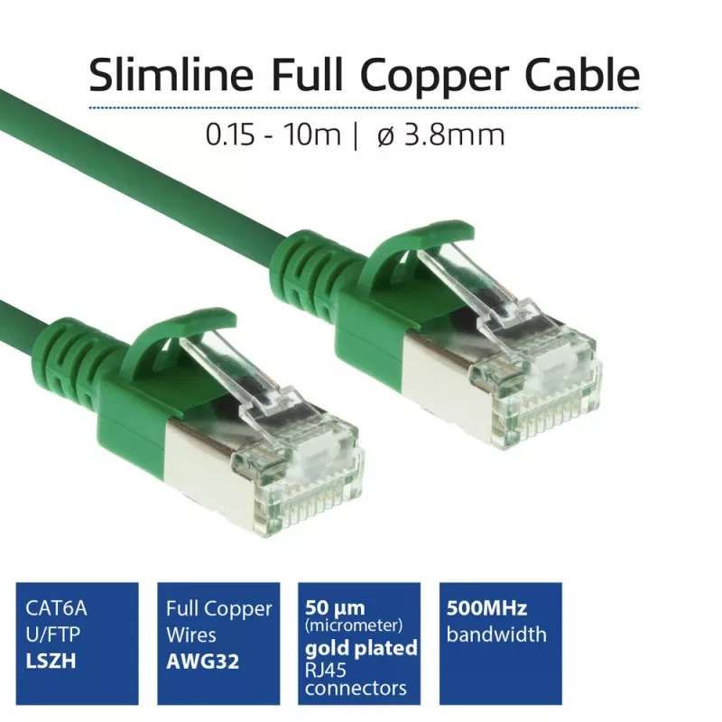 ACT zaļa 10 metru kabelis LSZH U/FTP CAT6A datacentra plāns patchlīnijas kabelis snagless ar RJ45 savienotājiem