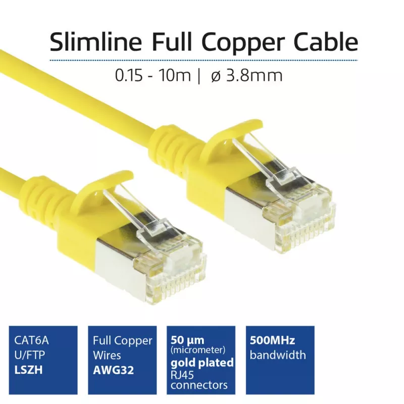 ACT dzeltenais 7 m LSZH U/FTP CAT6A datu centra plānsavienojuma kabelis ar nesaaugšanas RJ45 savienotājiem