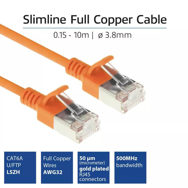 ACT Oranžs 3 metru LSZH U/FTP CAT6A datacentra plānā plākstera vads ar aizsargātiem RJ45 savienotājiem