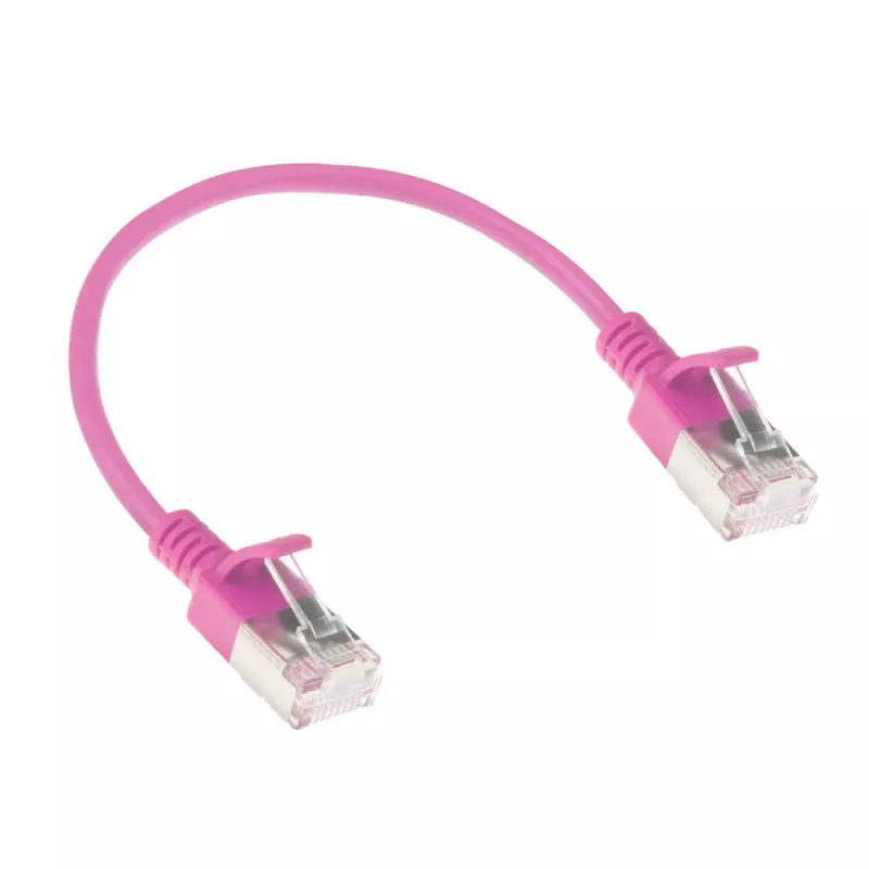 ACT rozā 0,25 m LSZH U/FTP CAT6A datu centra plānās pārslēgšanas kabelis ar nesaaķējamiem RJ45 savienotājiem