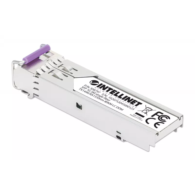 Intellinet Gigabit Fiber WDM Bi-Directional SFP Optical raiduztvērējs Module 1000Base-BX-U (LC) vienmoda ports, 80 km (50 jūdzes), BiDi WDM (RX1550/TX1490), MSA saderīgs maksimālai saderībai, Sudraba