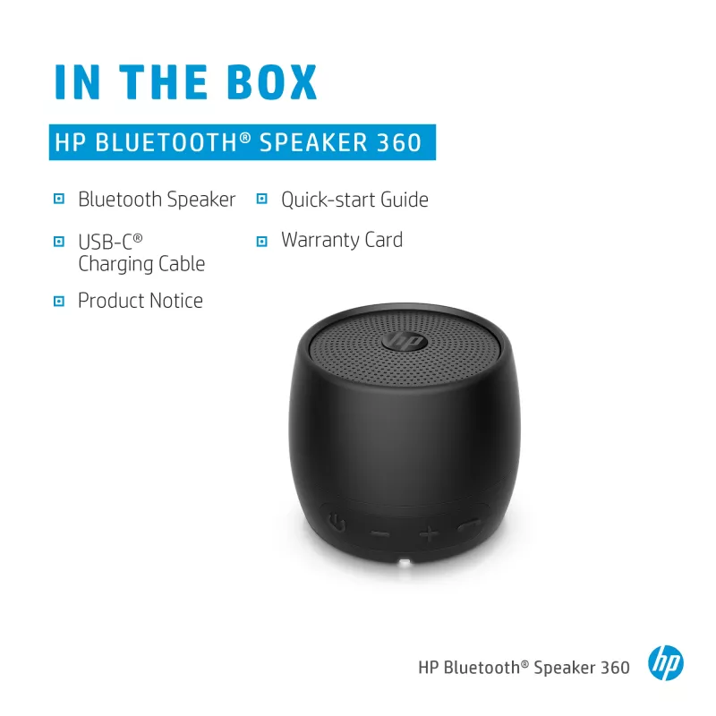 HP melns Bluetooth skaļrunis 360, vadu un bezvadu, Mono portatīvais skaļrunis, melns, cilindrs, pogas, universāls