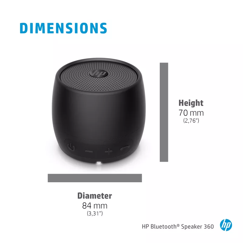 HP melns Bluetooth skaļrunis 360, vadu un bezvadu, Mono portatīvais skaļrunis, melns, cilindrs, pogas, universāls