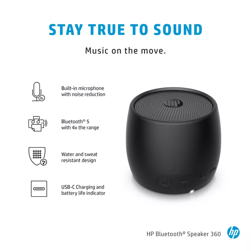 HP melns Bluetooth skaļrunis 360, vadu un bezvadu, Mono portatīvais skaļrunis, melns, cilindrs, pogas, universāls