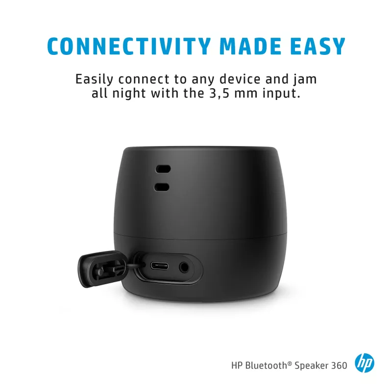 HP melns Bluetooth skaļrunis 360, vadu un bezvadu, Mono portatīvais skaļrunis, melns, cilindrs, pogas, universāls