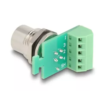 DeLOCK M12 pārveidotāja adapteris, 4 kontaktu A‑kodēta ligzda uz 5 kontaktu spaiļu bloku