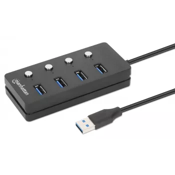 Manhattan 4 portu USB 3.0 Type-A centrmezgls, 5 Gbps, 1,5 m kabelis, ieslēgšanas/izslēgšanas slēdzis katram portam, melns
