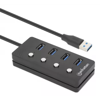 Manhattan 4 portu USB 3.0 Type-A centrmezgls, 5 Gbps, 1,5 m kabelis, ieslēgšanas/izslēgšanas slēdzis katram portam, melns