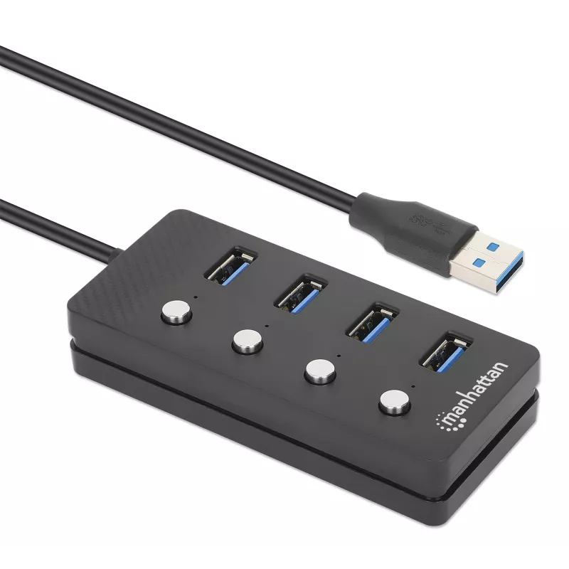 Manhattan USB-C dokstacija/cetrportu centrmezgls ar ieslēgšanas/izslēgšanas slēdzi katram portam: USB-A (x4), 5 Gb/s (USB 3.2 Gen1 jeb USB 3.0), universāls visām ierīcēm, barošana no kopnes vai maiņstrāvas (papildu ligzda, nav iekļauta), kabelis 1,5 m, SuperSpeed USB, melns, trīs gadu garantija