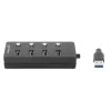 Manhattan USB-C dokstacija/cetrportu centrmezgls ar ieslēgšanas/izslēgšanas slēdzi katram portam: USB-A (x4), 5 Gb/s (USB 3.2 Gen1 jeb USB 3.0), universāls visām ierīcēm, barošana no kopnes vai maiņstrāvas (papildu ligzda, nav iekļauta), kabelis 1,5 m, SuperSpeed USB, melns, trīs gadu garantija