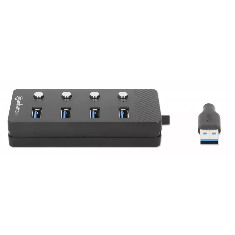 Manhattan USB-C dokstacija/cetrportu centrmezgls ar ieslēgšanas/izslēgšanas slēdzi katram portam: USB-A (x4), 5 Gb/s (USB 3.2 Gen1 jeb USB 3.0), universāls visām ierīcēm, barošana no kopnes vai maiņstrāvas (papildu ligzda, nav iekļauta), kabelis 1,5 m, SuperSpeed USB, melns, trīs gadu garantija