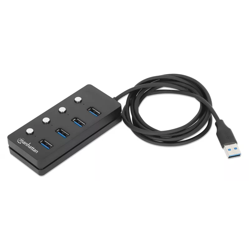 Manhattan USB-C dokstacija/cetrportu centrmezgls ar ieslēgšanas/izslēgšanas slēdzi katram portam: USB-A (x4), 5 Gb/s (USB 3.2 Gen1 jeb USB 3.0), universāls visām ierīcēm, barošana no kopnes vai maiņstrāvas (papildu ligzda, nav iekļauta), kabelis 1,5 m, SuperSpeed USB, melns, trīs gadu garantija