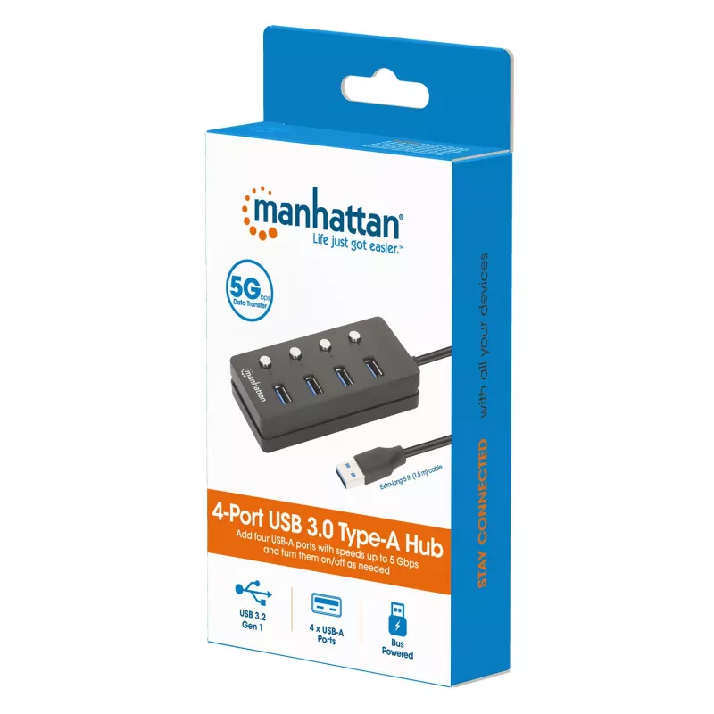Manhattan USB-C dokstacija/cetrportu centrmezgls ar ieslēgšanas/izslēgšanas slēdzi katram portam: USB-A (x4), 5 Gb/s (USB 3.2 Gen1 jeb USB 3.0), universāls visām ierīcēm, barošana no kopnes vai maiņstrāvas (papildu ligzda, nav iekļauta), kabelis 1,5 m, SuperSpeed USB, melns, trīs gadu garantija