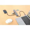Manhattan USB-C dokstacija/centrmezgls, 7 pieslēgvietas (3x USB-A, 3x USB-C), ar Power Delivery (PD) 100 W – nepieciešams ārējs USB-C lādētājs (nav iekļauts). Barošana caur USB (nav nepieciešams ārējs barošanas avots), ja PD netiek izmantots, alumīnija korpuss