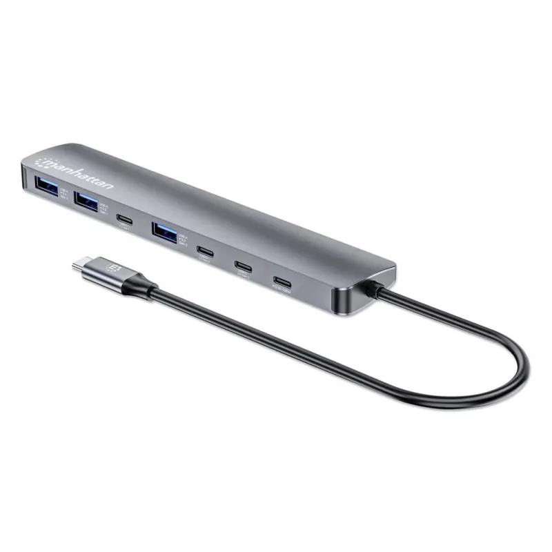 Manhattan USB-C dokstacija/centrmezgls, 7 pieslēgvietas (3x USB-A, 3x USB-C), ar Power Delivery (PD) 100 W – nepieciešams ārējs USB-C lādētājs (nav iekļauts). Barošana caur USB (nav nepieciešams ārējs barošanas avots), ja PD netiek izmantots, alumīnija korpuss