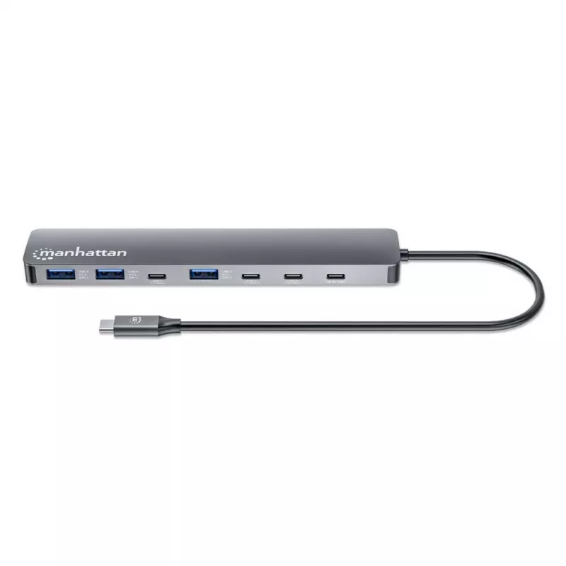Manhattan USB-C dokstacija/centrmezgls, 7 pieslēgvietas (3x USB-A, 3x USB-C), ar Power Delivery (PD) 100 W – nepieciešams ārējs USB-C lādētājs (nav iekļauts). Barošana caur USB (nav nepieciešams ārējs barošanas avots), ja PD netiek izmantots, alumīnija korpuss