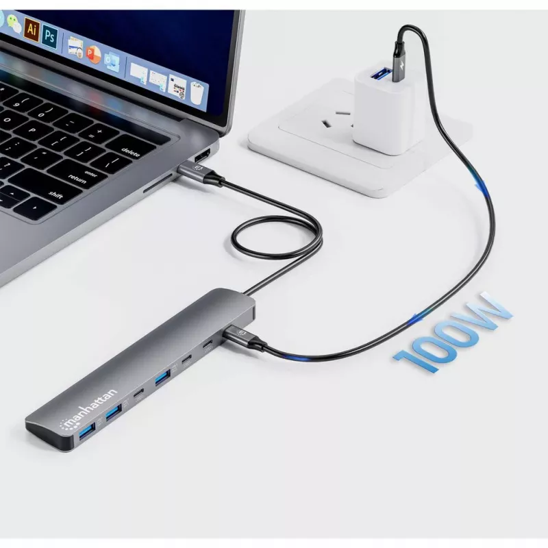 Manhattan USB-C dokstacija/centrmezgls, 7 pieslēgvietas (3x USB-A, 3x USB-C), ar Power Delivery (PD) 100 W – nepieciešams ārējs USB-C lādētājs (nav iekļauts). Barošana caur USB (nav nepieciešams ārējs barošanas avots), ja PD netiek izmantots, alumīnija korpuss