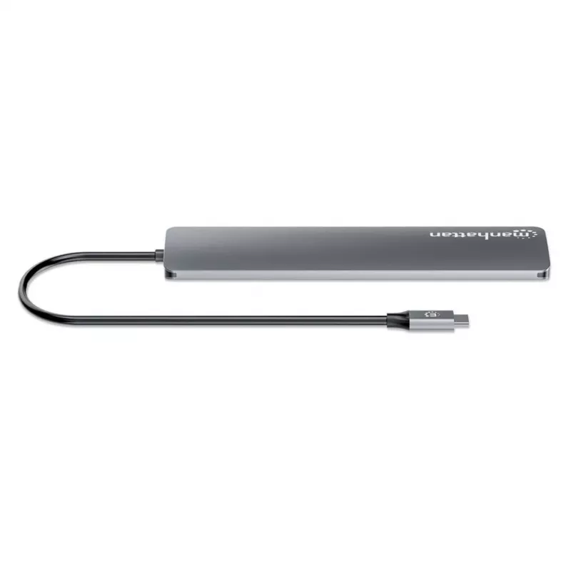 Manhattan USB-C dokstacija/centrmezgls, 7 pieslēgvietas (3x USB-A, 3x USB-C), ar Power Delivery (PD) 100 W – nepieciešams ārējs USB-C lādētājs (nav iekļauts). Barošana caur USB (nav nepieciešams ārējs barošanas avots), ja PD netiek izmantots, alumīnija korpuss
