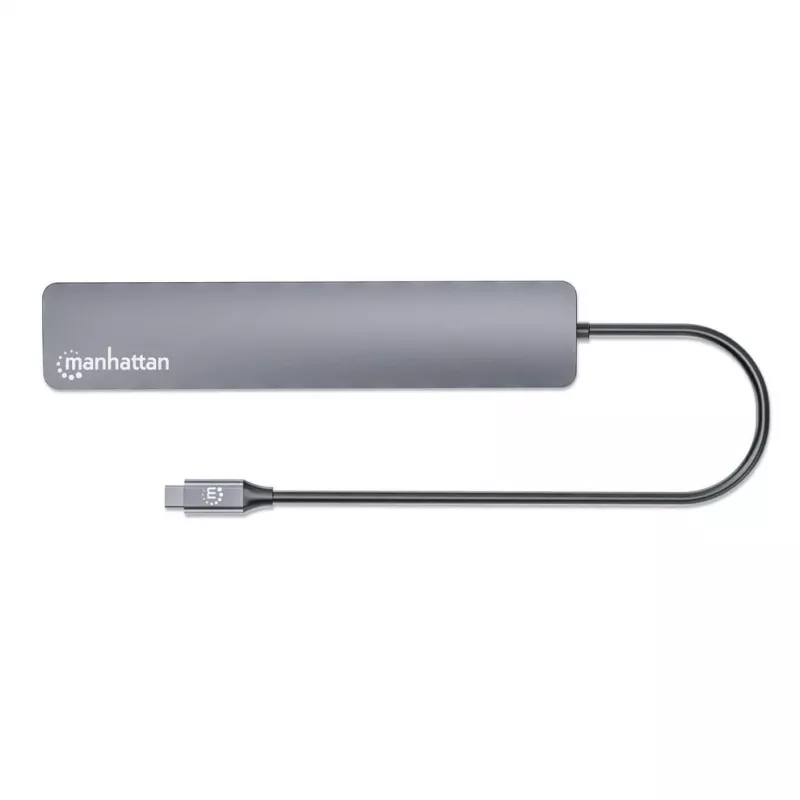 Manhattan USB-C dokstacija/centrmezgls, 7 pieslēgvietas (3x USB-A, 3x USB-C), ar Power Delivery (PD) 100 W – nepieciešams ārējs USB-C lādētājs (nav iekļauts). Barošana caur USB (nav nepieciešams ārējs barošanas avots), ja PD netiek izmantots, alumīnija korpuss