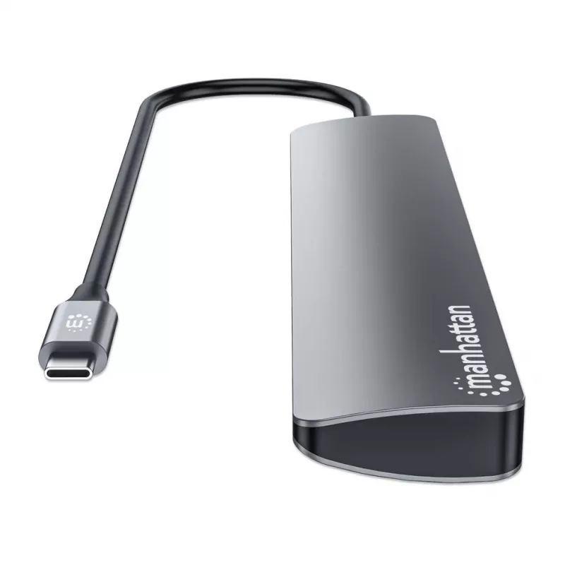 Manhattan USB-C dokstacija/centrmezgls, 7 pieslēgvietas (3x USB-A, 3x USB-C), ar Power Delivery (PD) 100 W – nepieciešams ārējs USB-C lādētājs (nav iekļauts). Barošana caur USB (nav nepieciešams ārējs barošanas avots), ja PD netiek izmantots, alumīnija korpuss