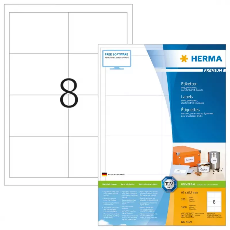 HERMA Premium A4 etiķetes 97x67.7 mm balts papīrs matēts 1600 gab.
