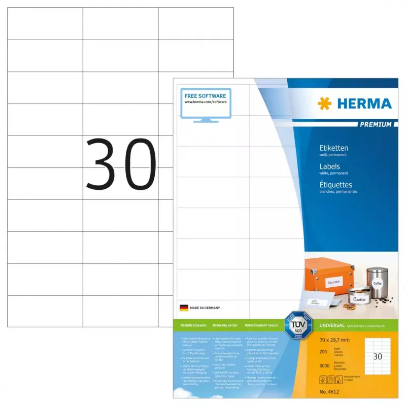 HERMA Premium A4 uzlīmes 70x29.7 mm balts papīrs matēts 6000 gab.