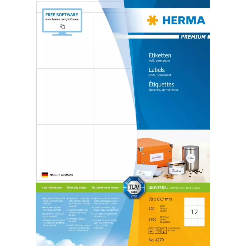 Pašlīmējošās printera etiķetes HERMA Labels Premium A4 70x67.7 mm