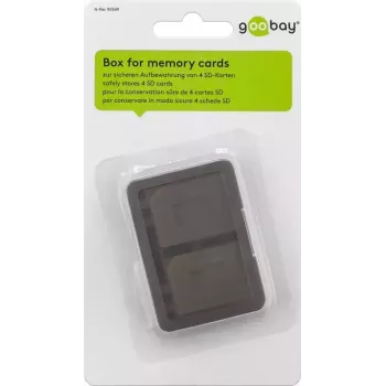 Atmiņas karšu glabāšanas kārbiņa GOOBAY 95349 — ietilpina 4 kartes, saderīga ar SD/MicroSD/MMC, pelēka caurspīdīga plastmasa