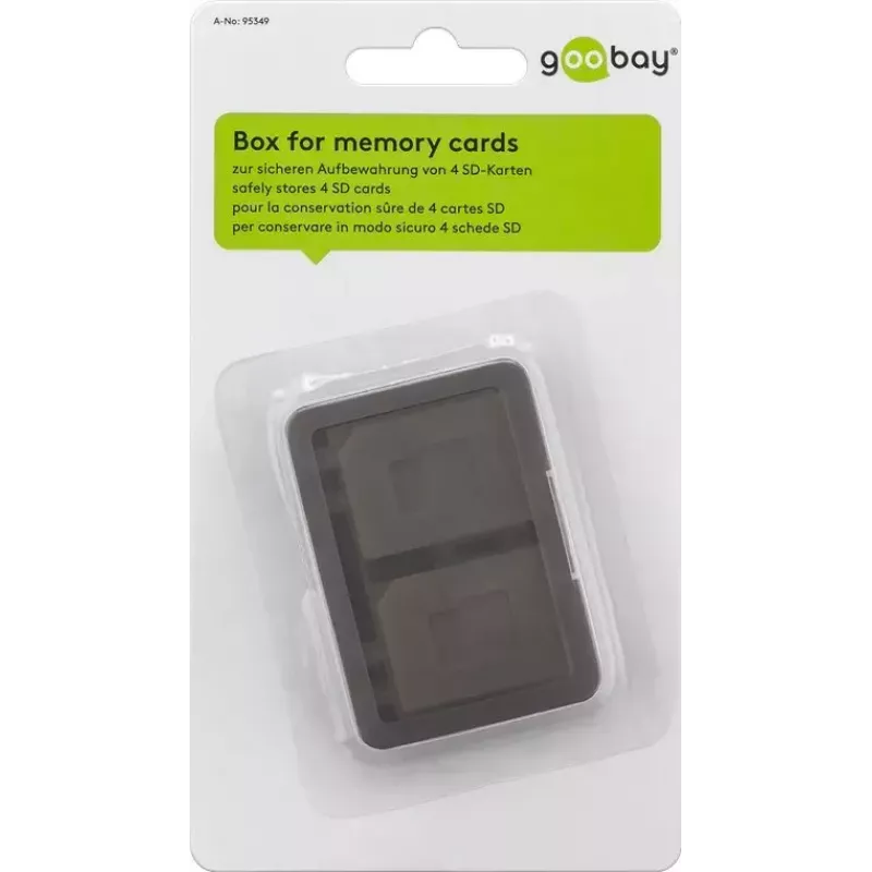 Atmiņas karšu glabāšanas kārbiņa GOOBAY 95349 — ietilpina 4 kartes, saderīga ar SD/MicroSD/MMC, pelēka caurspīdīga plastmasa