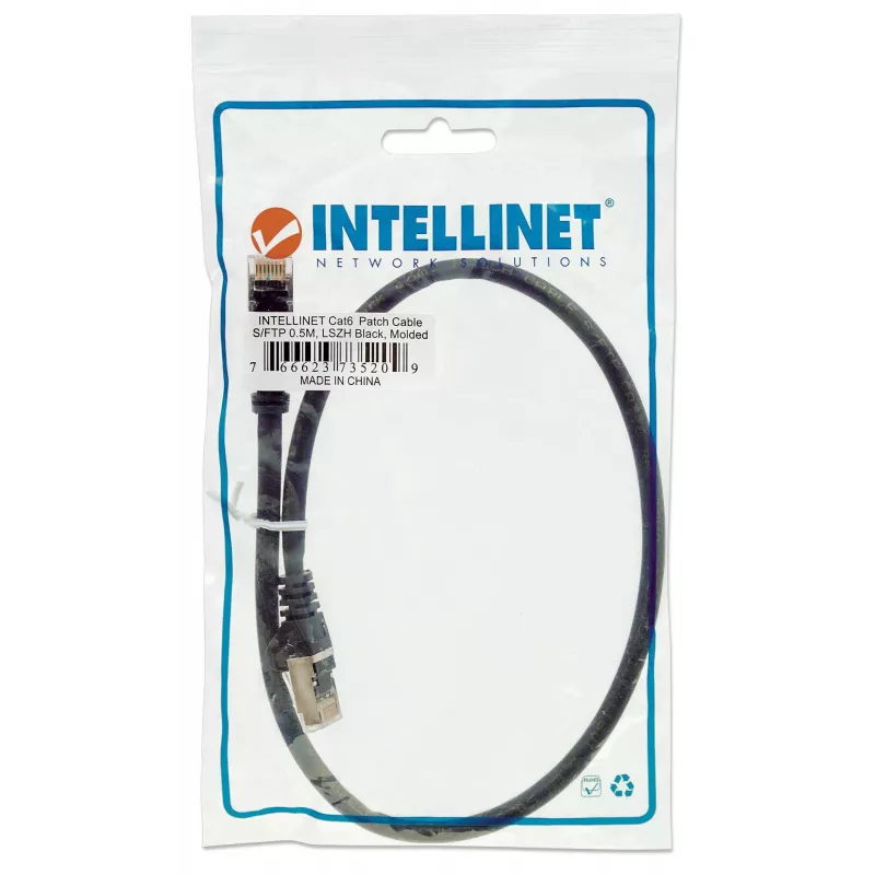 Intellinet tīkla komutācijas kabelis, Cat6, 0,5 m, melns, varš, S/FTP, LSOH / LSZH, PVC, RJ45, apzeltīti kontakti, bez aizķeršanās, ar aizsargapvalku, mūža garantija