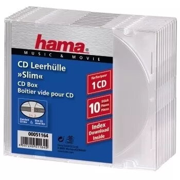 CD plānā tukšā kaste Hama 051164 iepakojums 10 caurspīdīgas 1 diskiem