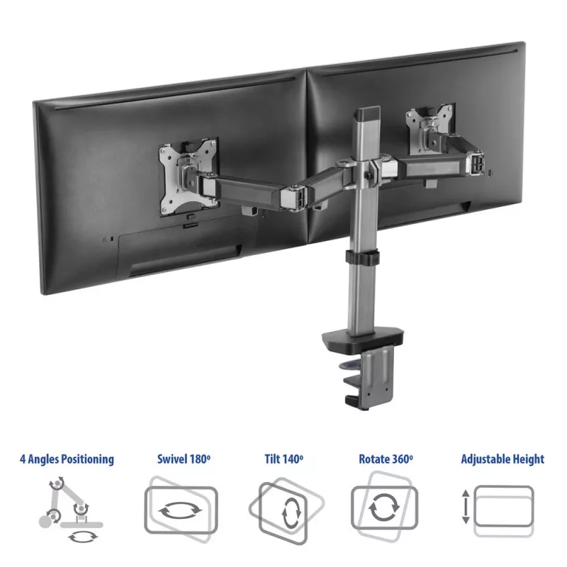 ACT dubultā monitora statīvs birojam sudraba krāsā Skava/caurums 18 kg 17-32 collas