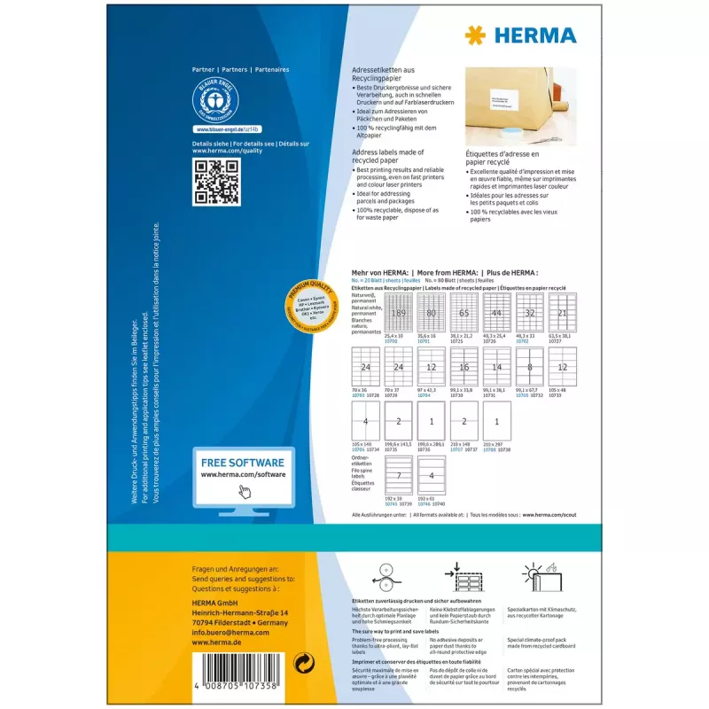 Pašlīmējošā printera uzlīme HERMA 10735 Balta 20x14,3 cm 160 uzlīmes