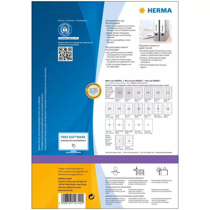 Pašlīmējošās printera uzlīmes HERMA 10740 Baltas 19,2x6,1 cm 320 uzlīmes