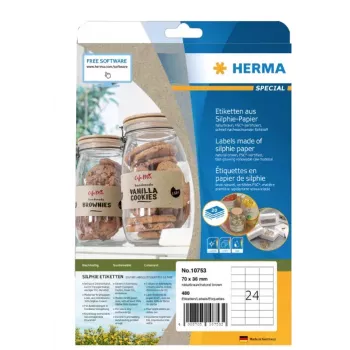 HERMA 10753 pašlīmējošās etiķetes, taisnstūrveida, pastāvīgas, brūnas, 480 gab.