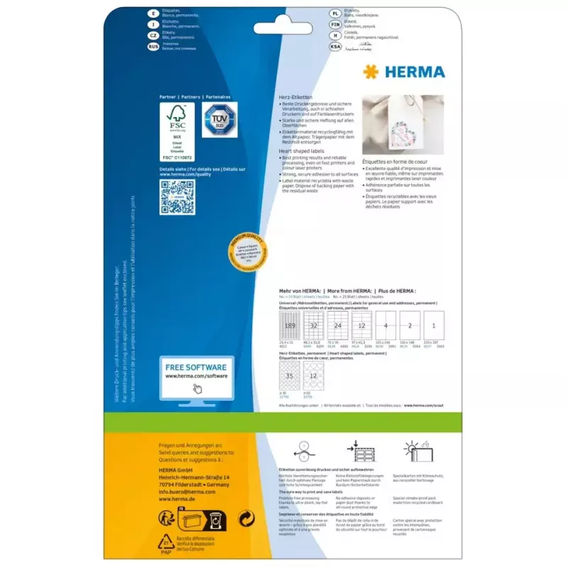 HERMA 10790 pašlīmējošās etiķetes Sirds Pastāvīgas Baltas 350 gab.