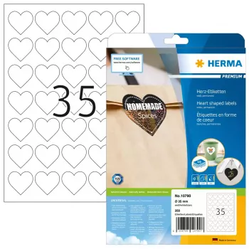 HERMA 10790 pašlīmējošās etiķetes Sirds Pastāvīgas Baltas 350 gab.