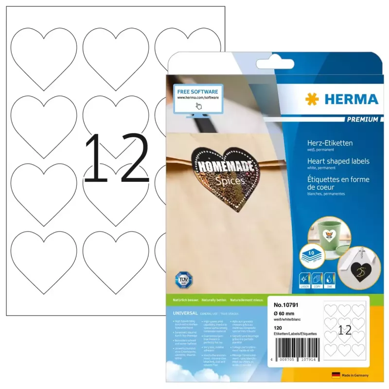 HERMA 10791 pašlīmējošās etiķetes Sirsniņa Pastāvīgas Baltas 120 gab.