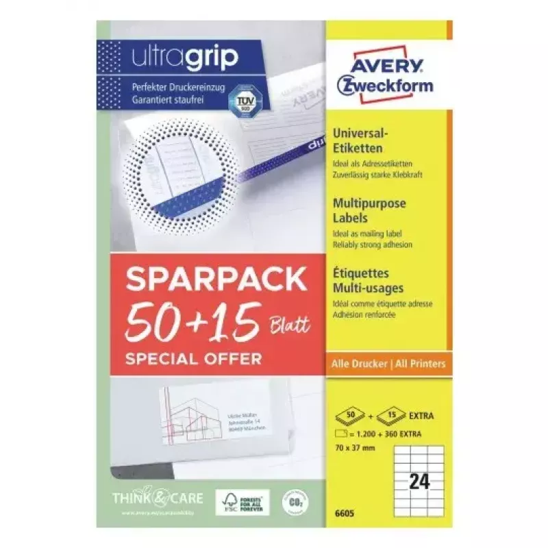 Pašlīmējoša printera etiķete AVERY 6605 Balta 7x3,7 cm 1560 etiķetes