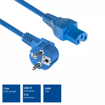 ACT Powercord strāvas savienotājs CEE 7/7 vīrišķais leņķveida C15 zils 1,5 m 230 V 10 A
