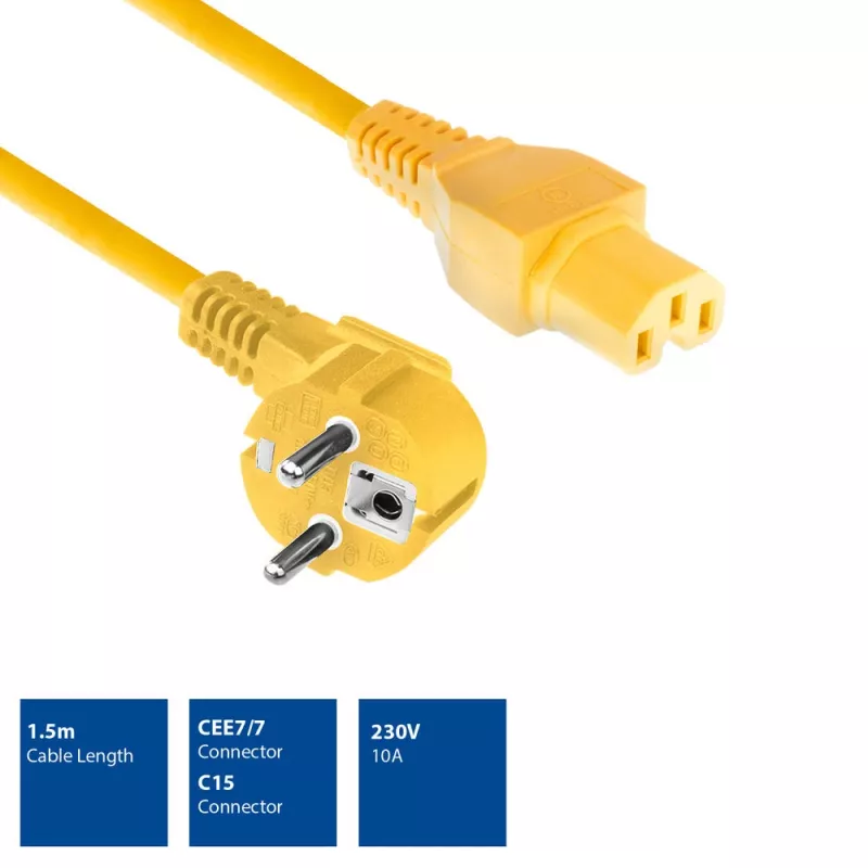 ACT Powercord tīkla savienotājs CEE 7/7 vīrišķais (leņķveida) - C15 dzeltens 1.5 m