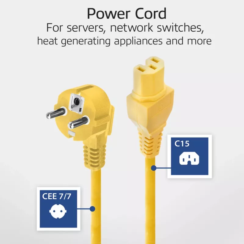 ACT Powercord tīkla savienotājs CEE 7/7 vīrišķais (leņķveida) - C15 dzeltens 1.5 m