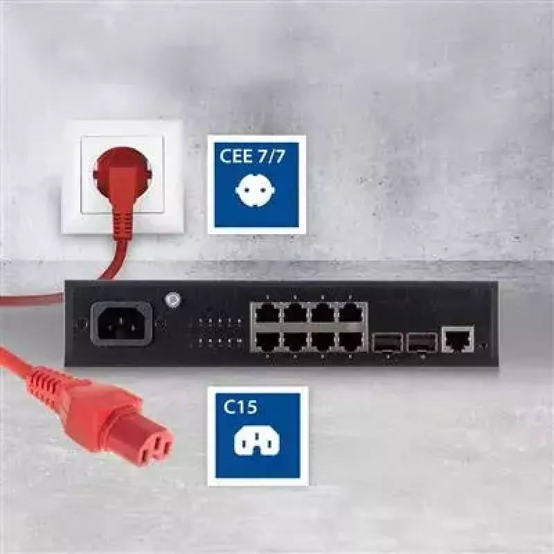 ACT Powercord tīkla savienotājs CEE 7/7 vīrišķais leņķveida C15 sarkans 1 m 250 V 10 A