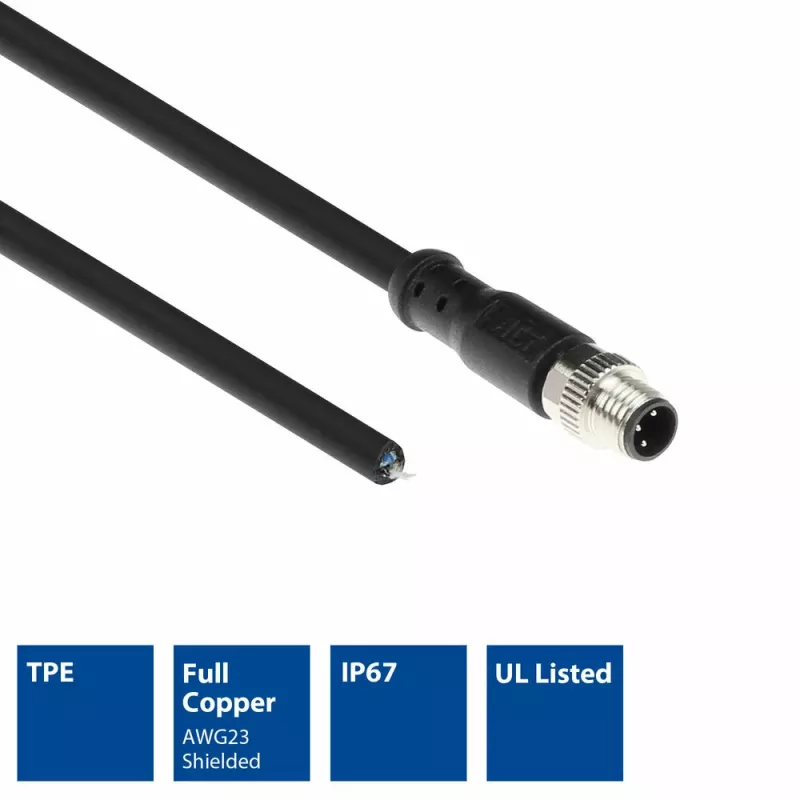 ACT Industrial 5,00 metru sensoru kabelis M8A 3-pin vīrišķais uz atvērtu galu, Ultraflex Xtreme TPE kabelis, ekranēts