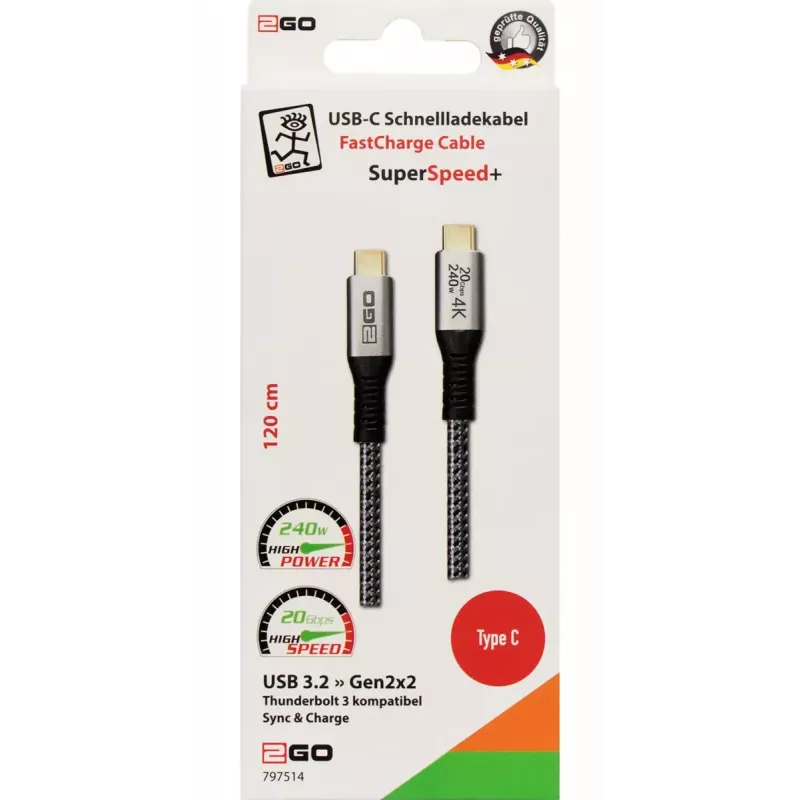 USB kabelis 2GO 797514 USB 3.2 Gen 2x2 1,2 m USB C Melns Sudraba