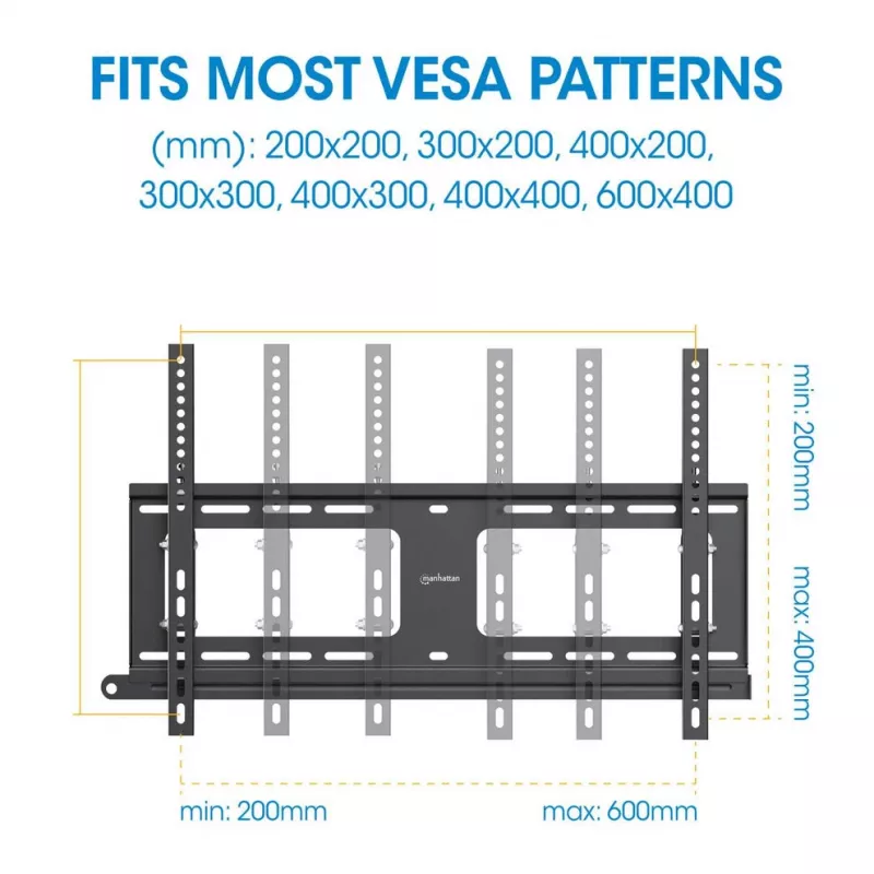 Manhattan Āra sienas stiprinājums televizoriem un monitoriem (noliecams, pret zādzībām), Ekrāniem no 37 collām līdz 65 collām, VESA saderība: visi starp 200x200mm līdz 600x400mm - pārbaudiet četru montāžas caurumu izmērus ekrāna aizmugurē, lai pārliecinātos, ka tas der, Maks. 80 kg, Bloķējams, Kronšteins