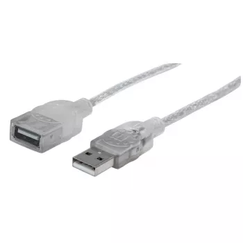 Manhattan USB-A uz USB-A pagarinātāja kabelis, 1,8 m, vīrietis pret sievieti, 480 Mbps (USB 2.0), Hi-Speed USB, caurspīdīgs sudraba krāsā, mūža garantija
