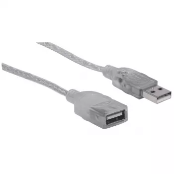 Manhattan USB-A uz USB-A pagarinātāja kabelis, 1,8 m, vīrietis pret sievieti, 480 Mbps (USB 2.0), Hi-Speed USB, caurspīdīgs sudraba krāsā, mūža garantija